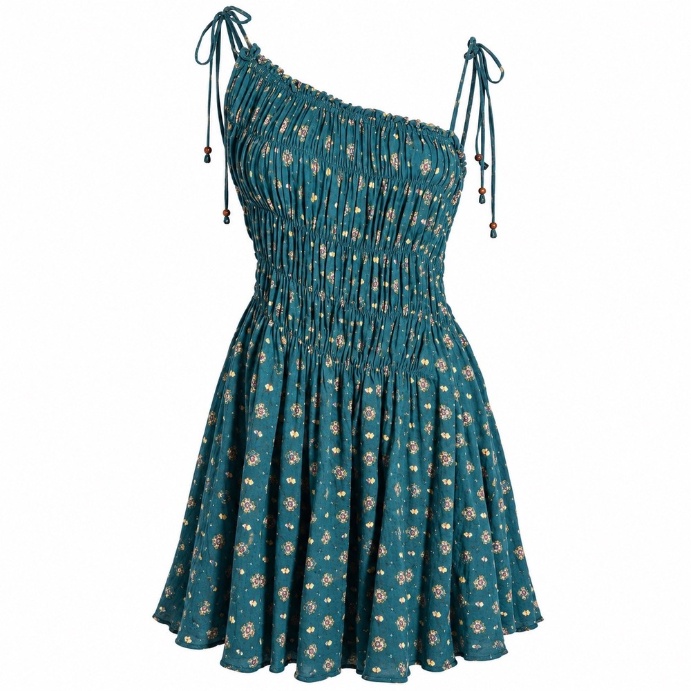 Free People Clementina Mine Dress Large Pine Teal Smocked Asymetrical Tie Strap